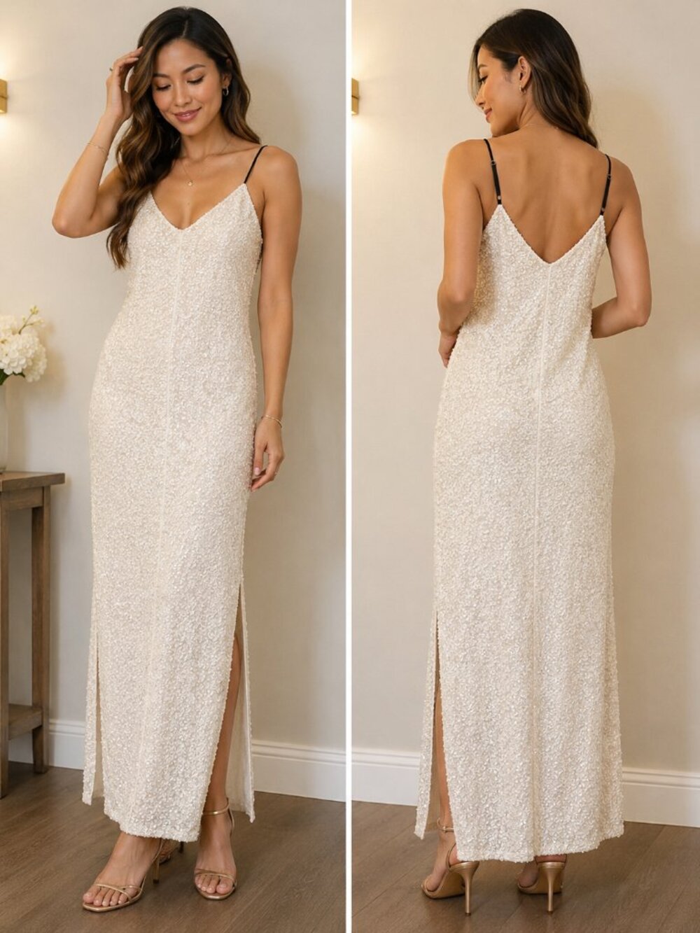 Zara NWT Ivory Sequin Maxi Dress XS Adjustable Straps Side Slits Party Evening
